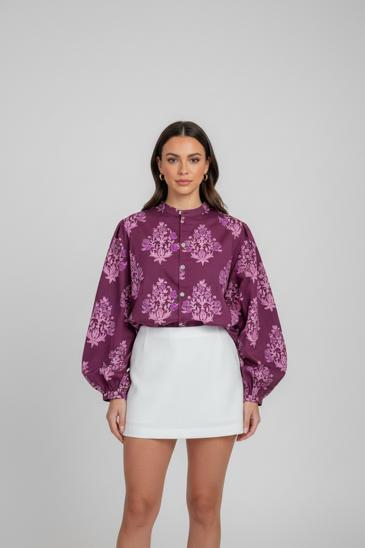 Purple Floral Print Button Front Long Puff Sleeve Shirt