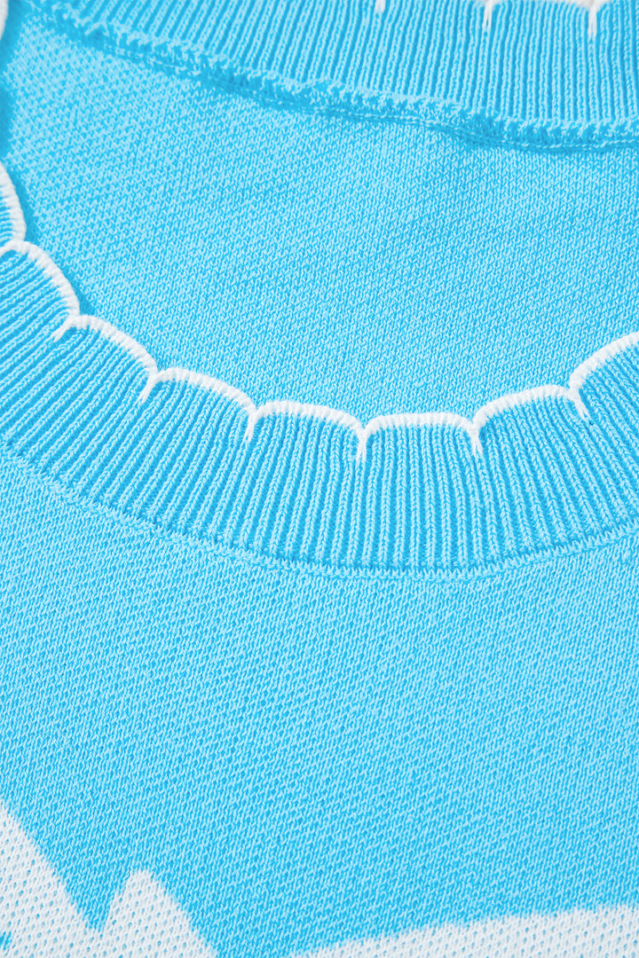 Light Blue Big Ribbon Bow Print Contrast Stitch Trim Drop Shoulder Sweater