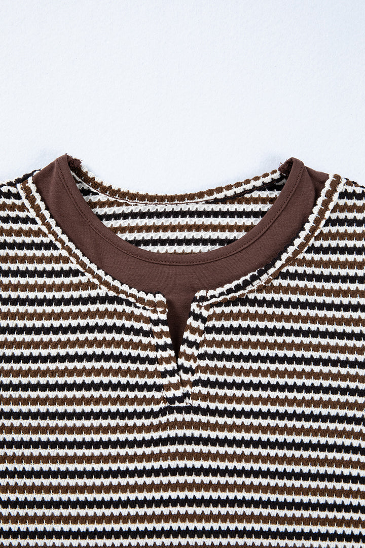 Faux Two Piece Textured Striped Round Neck Long Sleeve T Shirt