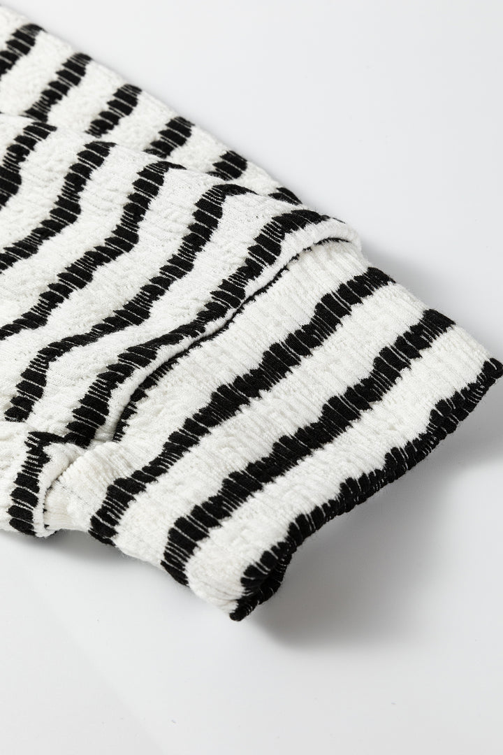 Black Stripe Textured Hooded V Neck Casual Long Sleeve Top