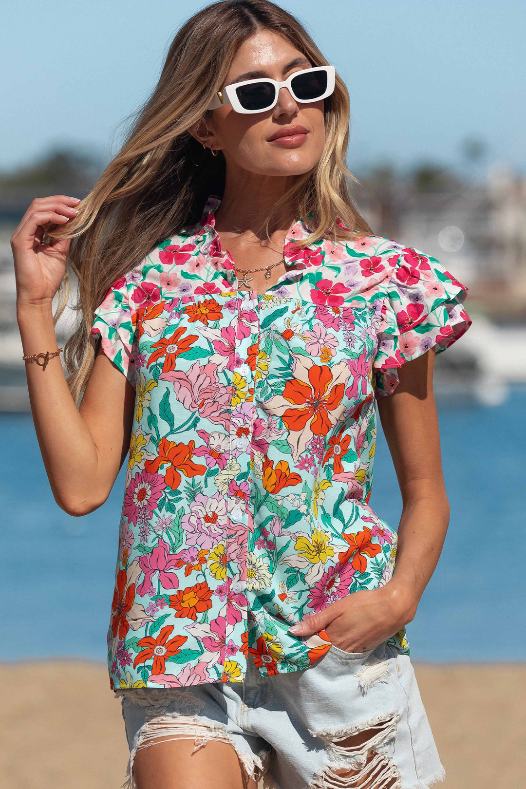 Floral Print Split Neck Button Front Flutter Sleeve Blouse