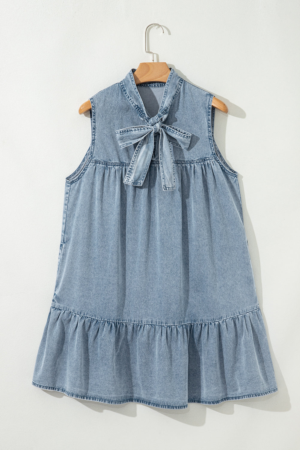 Bowknot Neck Sleeveless Ruffled Chambray Dress