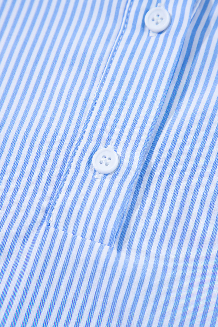 Sky Blue Stripe Pinstripe Smocked Cuffs Button Shirt Collar Blouse