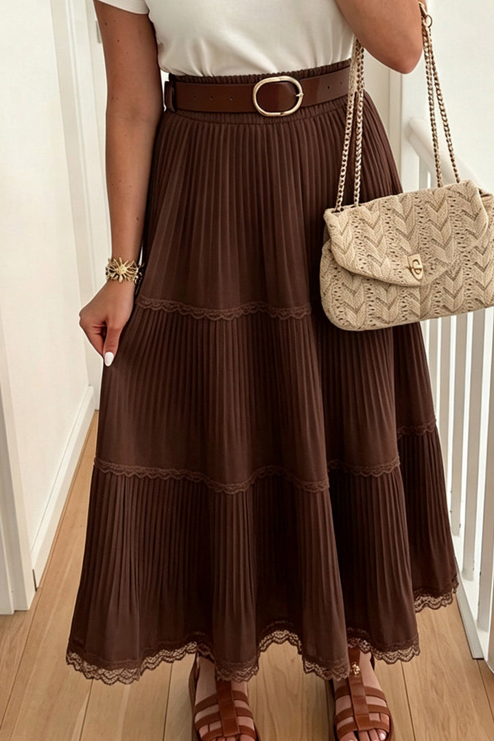 Coffee Solid Color Pleated Lace Trim Tiered Long Skirt