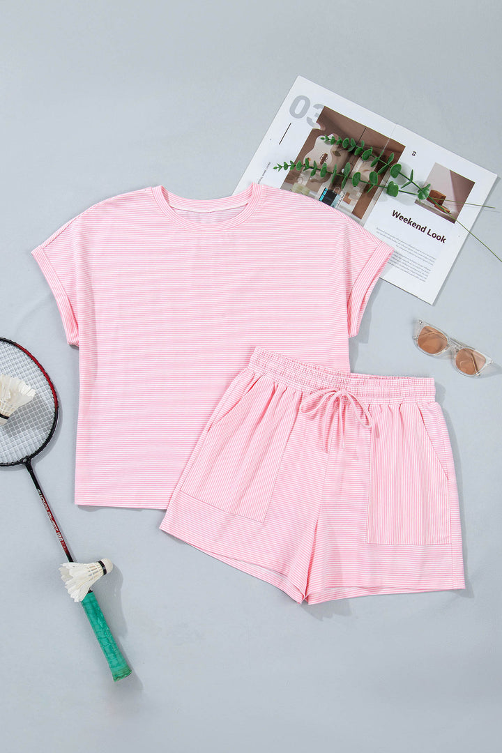 Pink Stripe Matching Oversized Tee and Drawstring Shorts Set