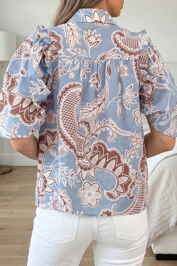 Sky Blue Boho Floral Print Short Sleeve Shirt
