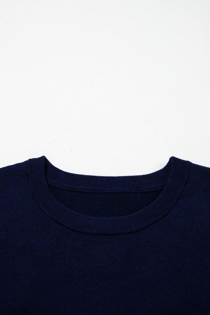 Navy Blue Drop Shoulder Long Sleeve Striped Pullover Sweater