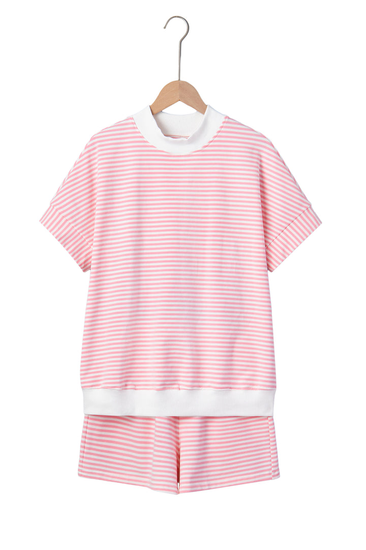 Pink Stripe Cuffed Sleeve Contrast Mock Neck Tee Casual 2pcs Short Set