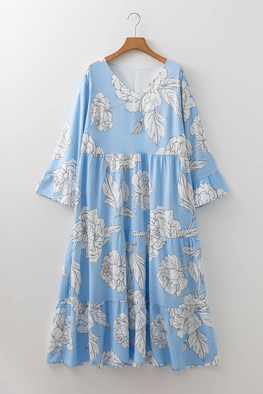 Sky Blue Floral Bracelet Sleeve Plus Size Tiered Maxi Dress