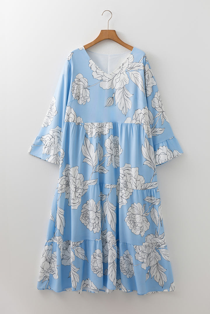 Sky Blue Floral Bracelet Sleeve Plus Size Tiered Maxi Dress