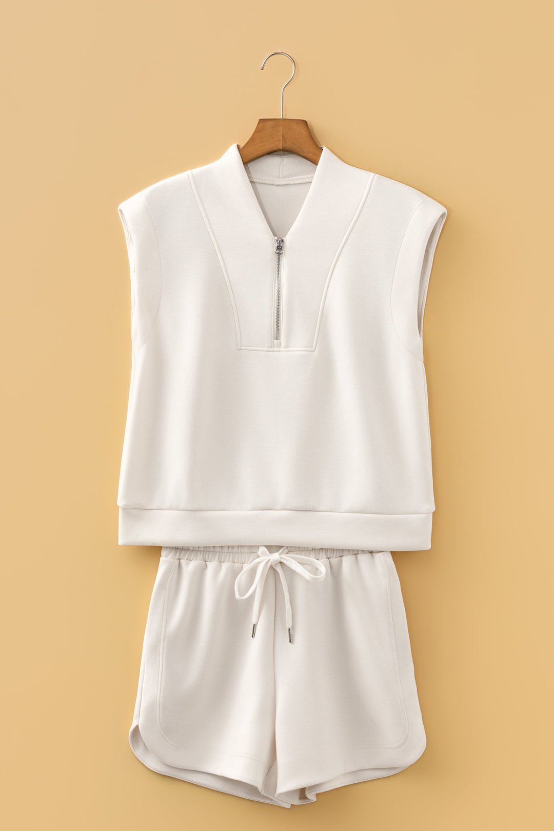 Oatmeal Quarter Zip Sleeveless Top Drawstring Shorts Casual 2pcs Outfit