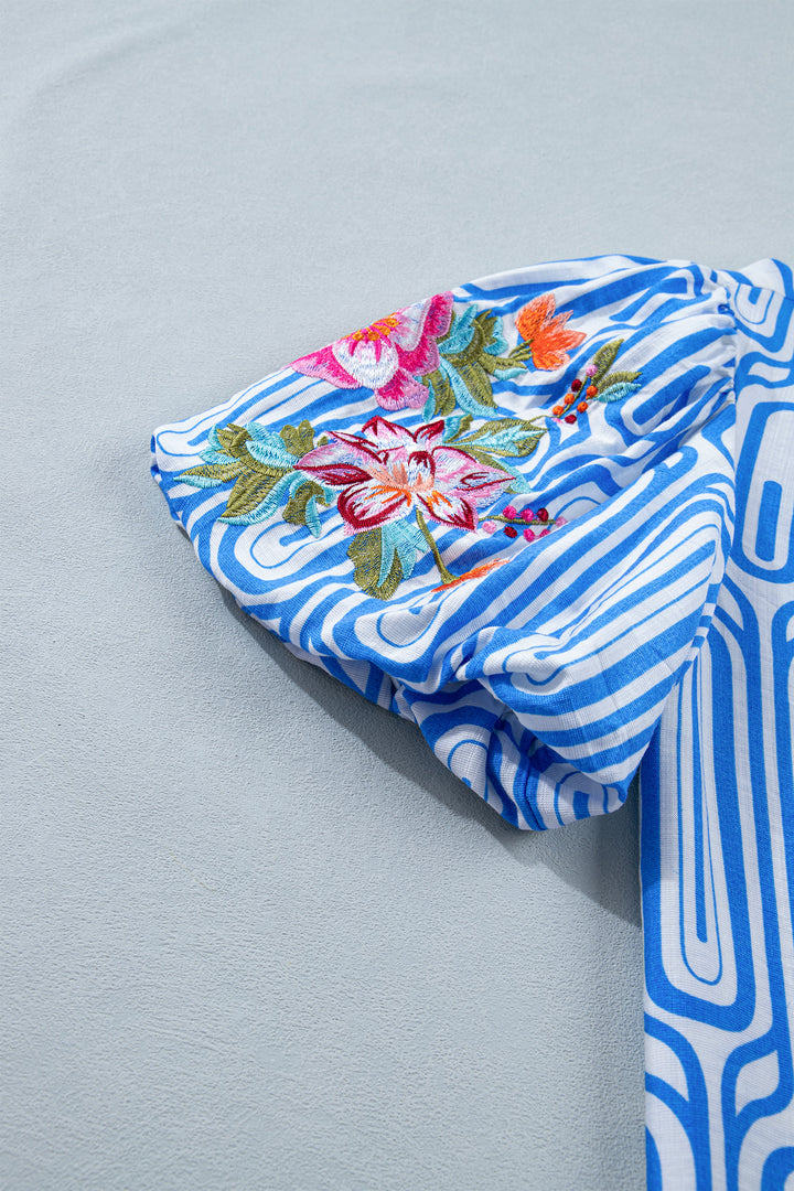 Sky Blue Unique Geometry Print Floral Embroidered Puff Sleeve Blouse