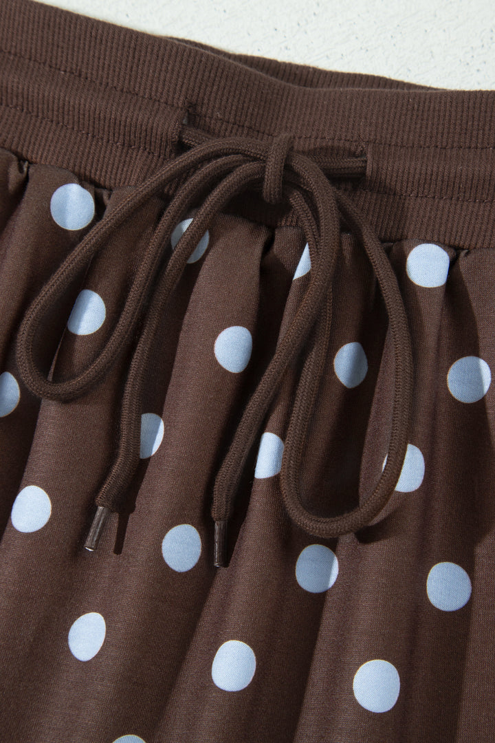 Brown Polka Dot Pullover Embroidered Bow Detail 2pcs Skort Set