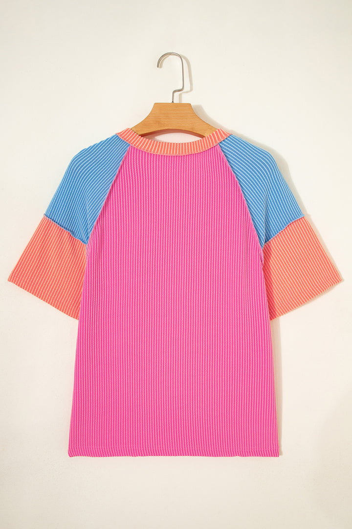 Rose Red Color Block Twisted Ribbed Tee