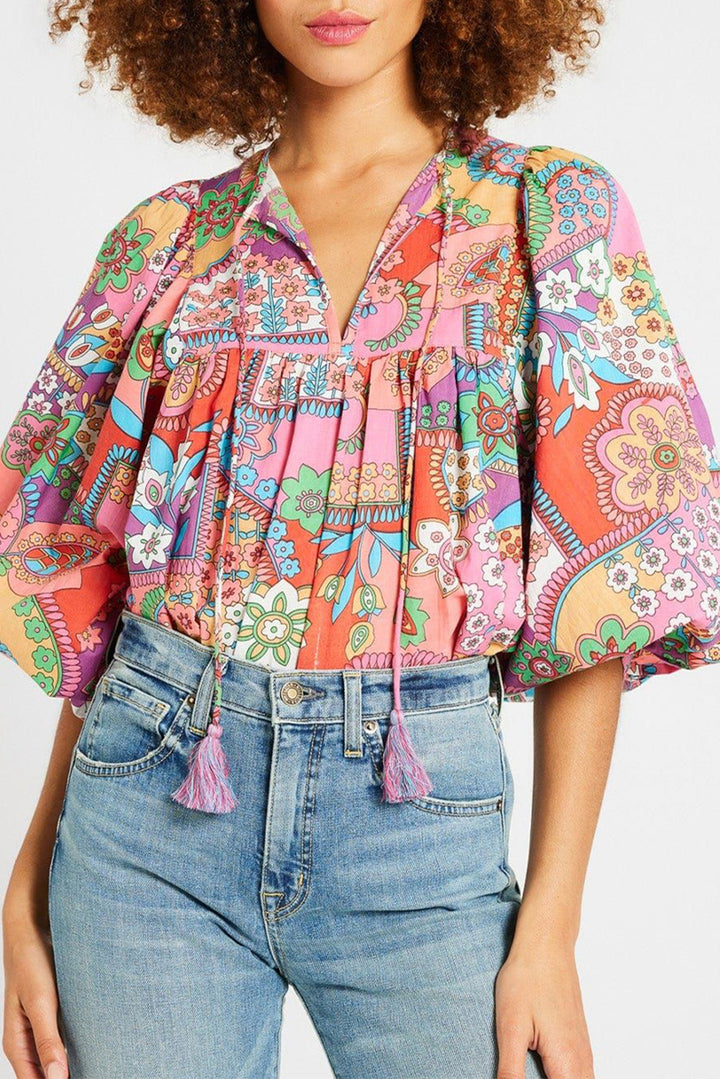 Boho Floral Bubble Sleeve Tassel Tied Neck Pleated Blouse