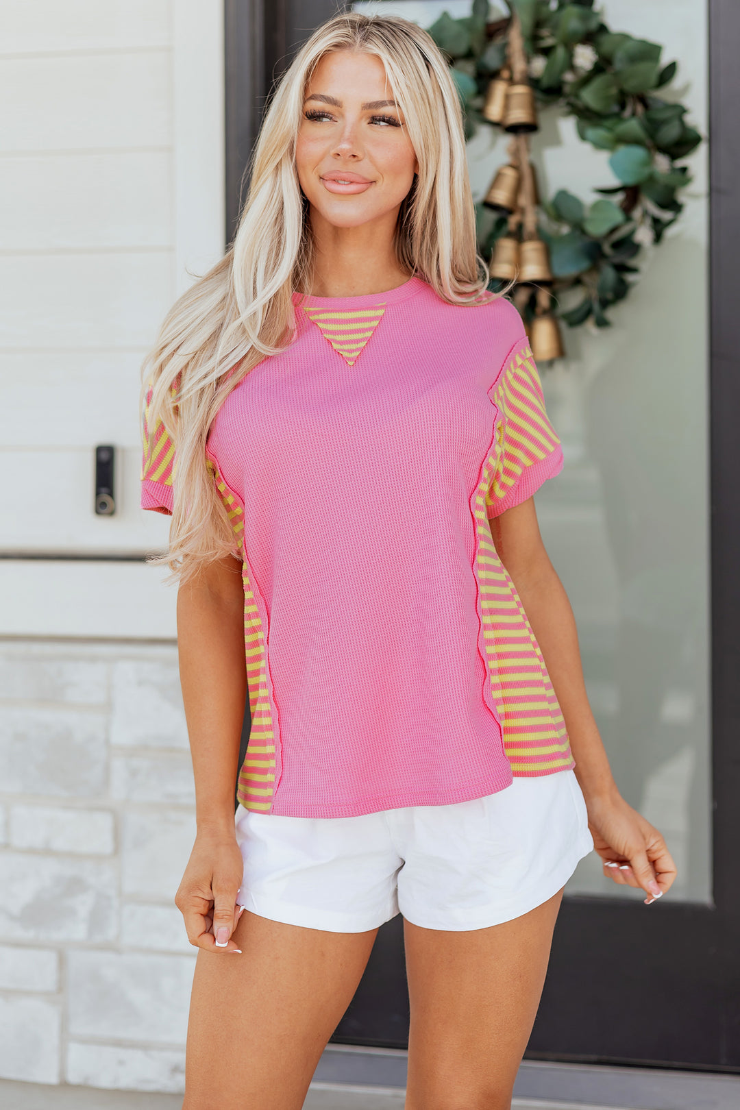 Waffle Textured Contrast Striped Patchwork Loose T Shirt
