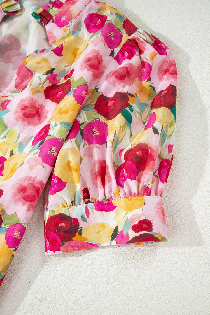 Floral Frilled V Neck Puff Short Sleeve Blouse