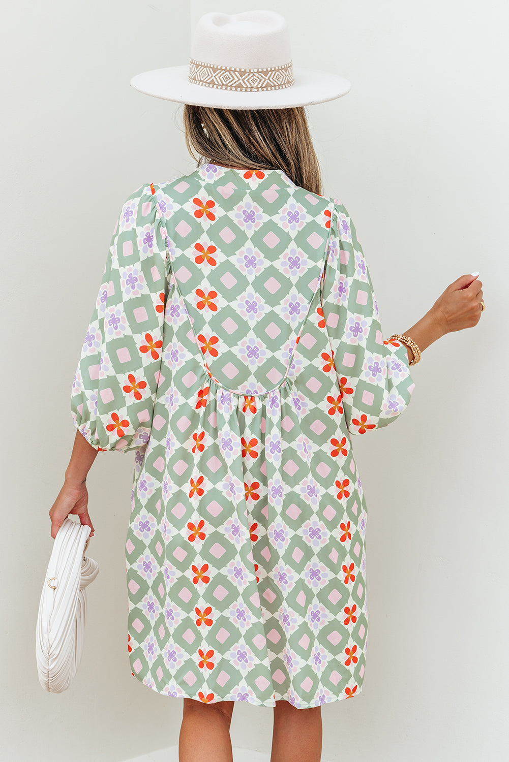 geometric floral print 3 4 sleeve notched neck mini dress