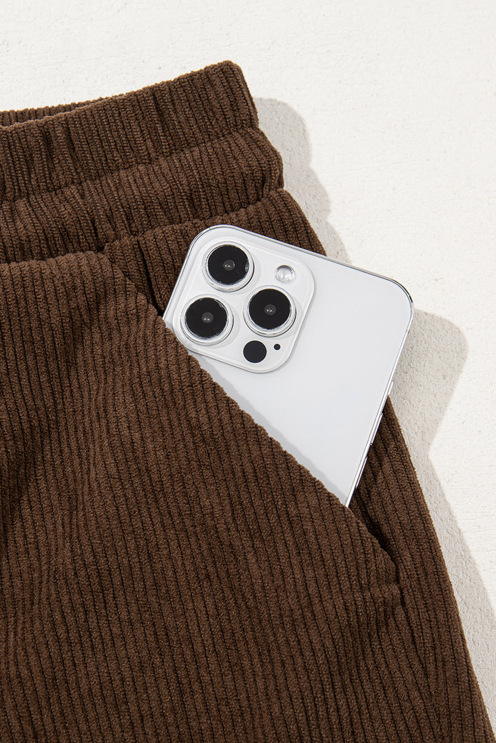 Coffee Tie Elastic Waist Soft Corduroy Pants