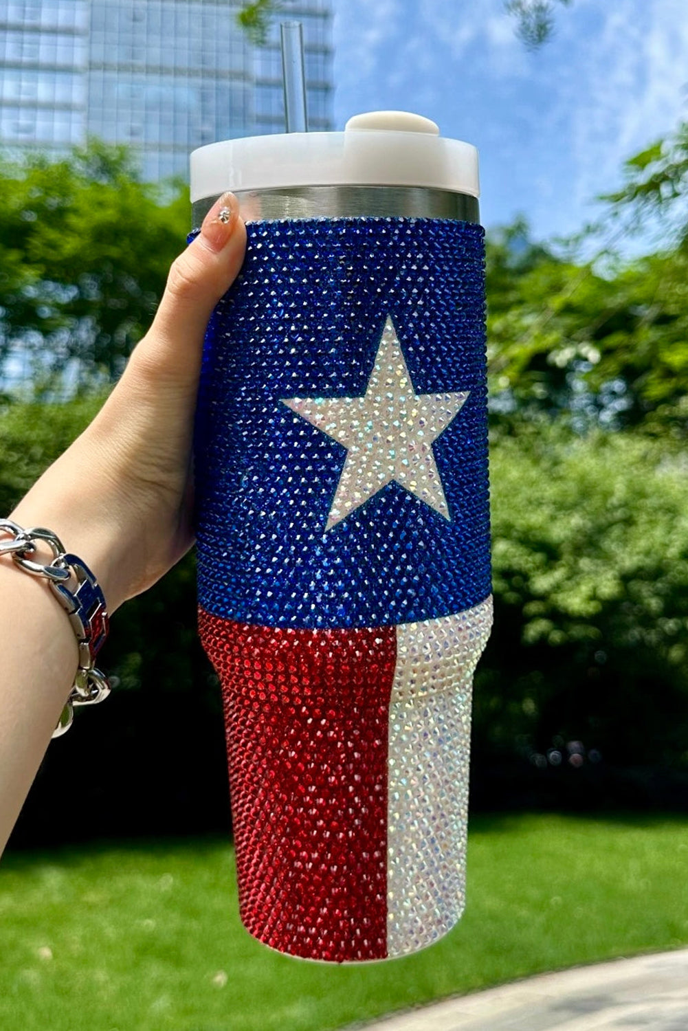 American Flag Star Full Rhinestone Handle Tumbler 40oz