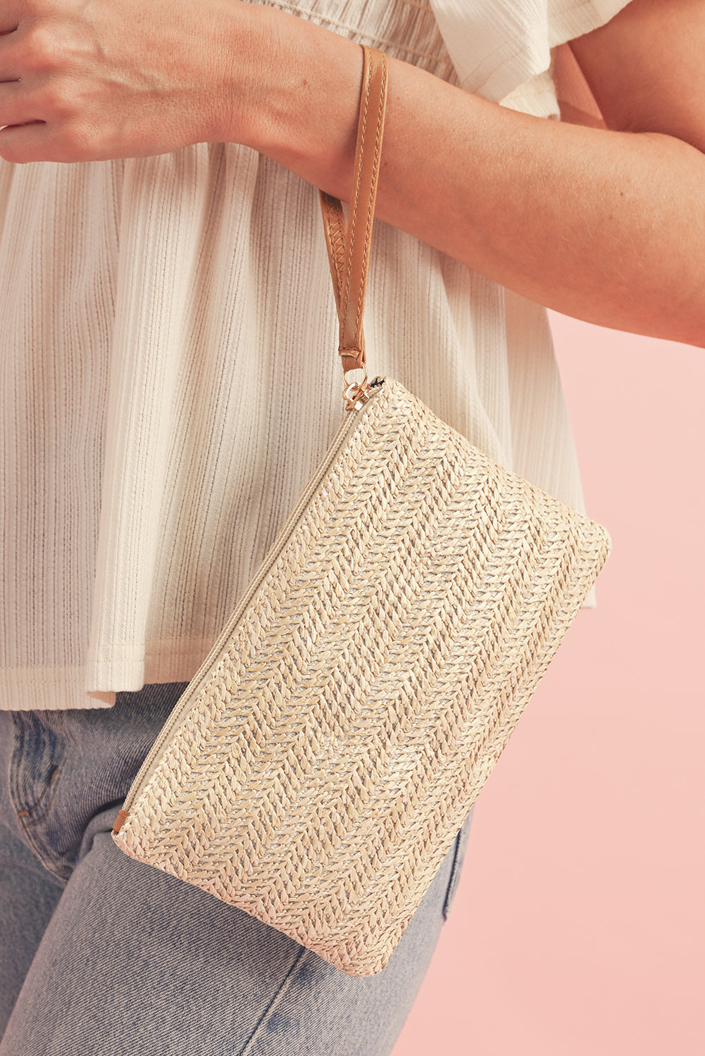 Straw Woven Wrist Strap Zipper Large Wallet