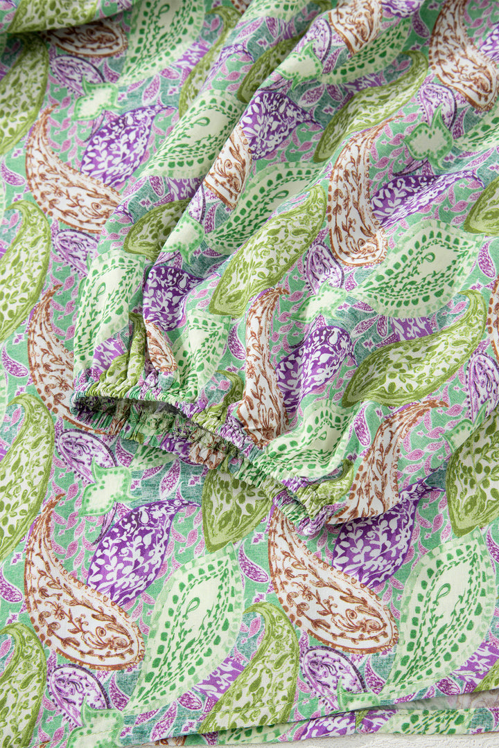 Green Boho Paisley Print Half Puff Sleeve Blouse