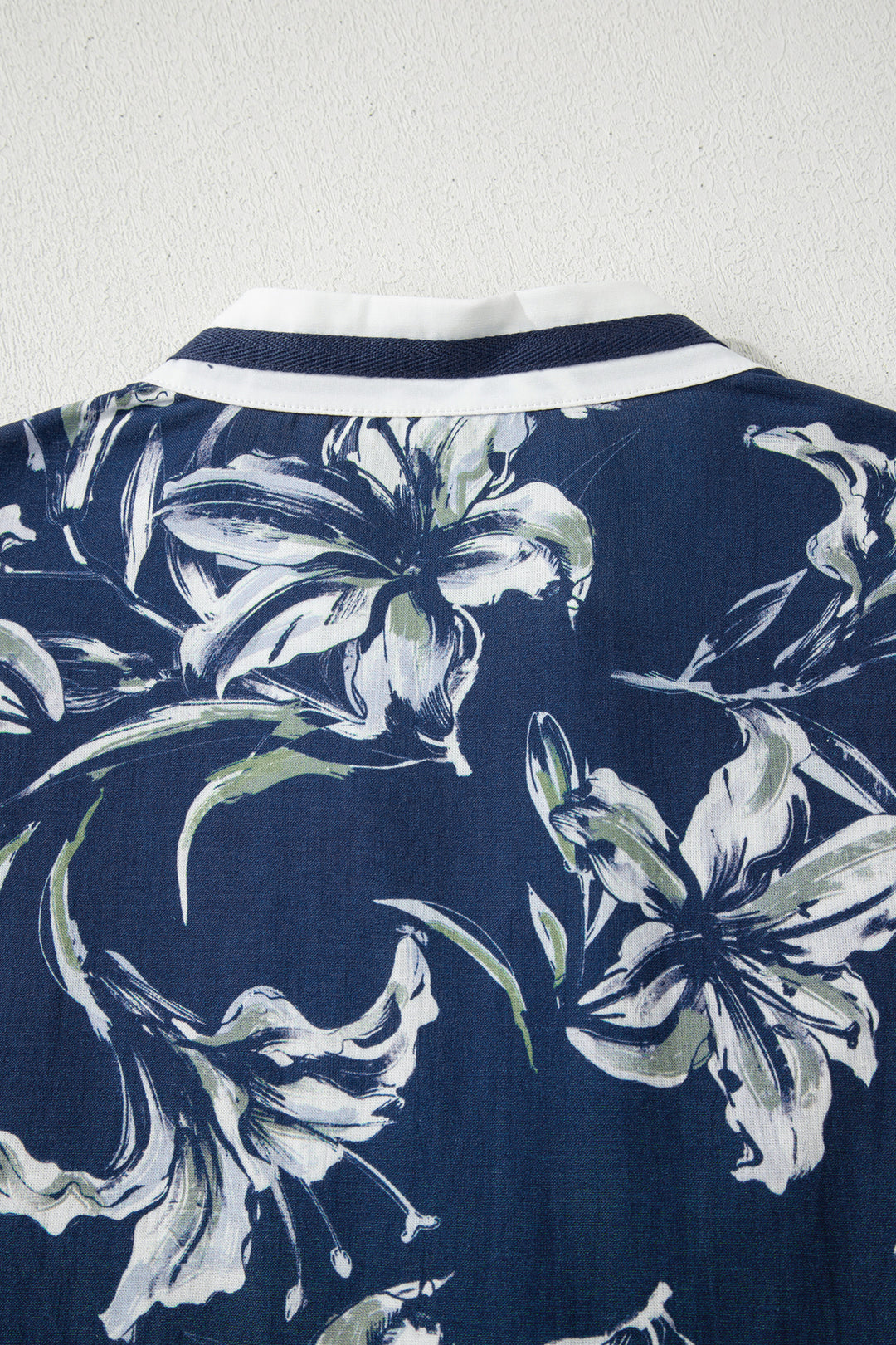 Floral Print Short Puff Sleeve Striped Trim V Neck Blouse