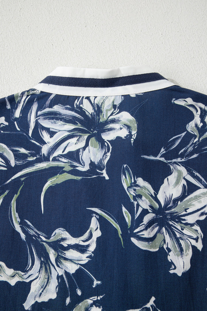Floral Print Short Puff Sleeve Striped Trim V Neck Blouse