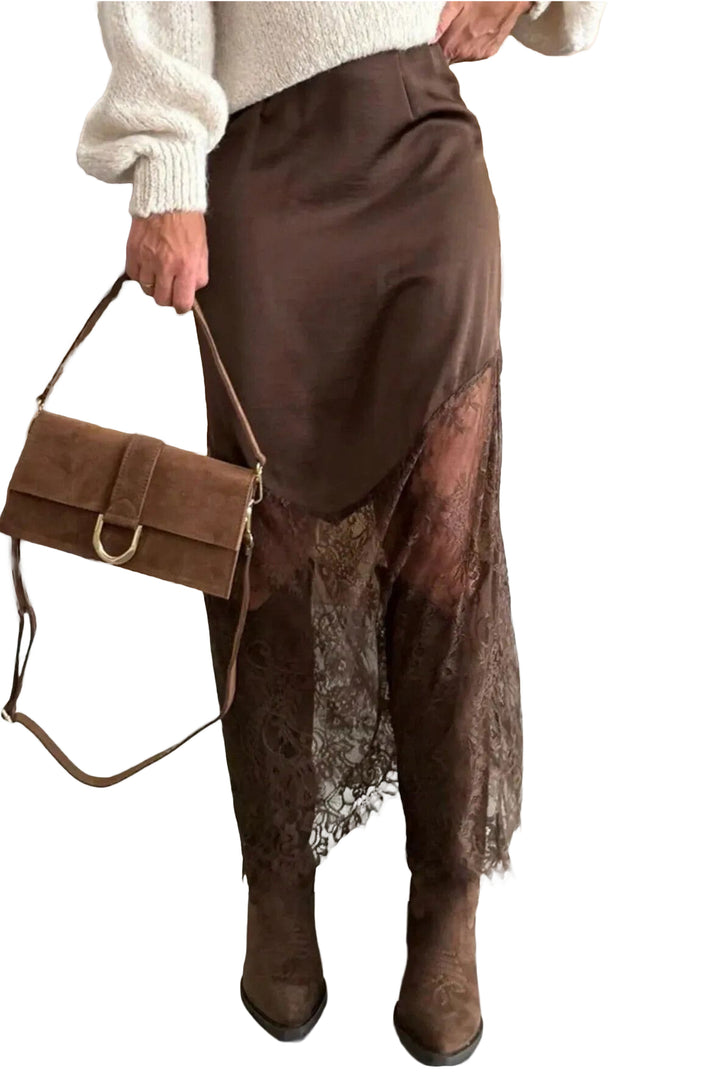 Casual Dark Brown Lace Patchwork Hem Shift Long Skirt