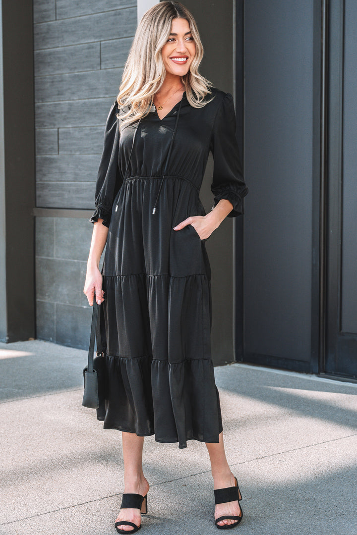 Flounced Bracelet Sleeve V Neck Tiered Maxi Dress