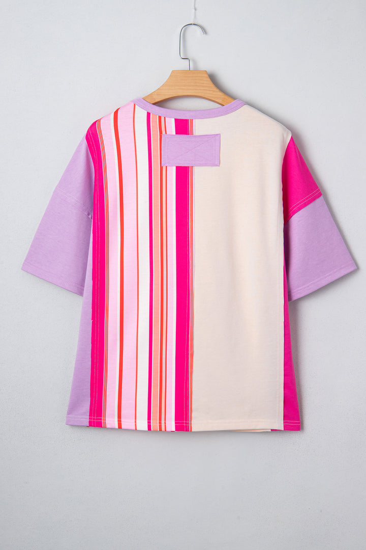 Striped Color Block Flower Patched Half Sleeve Loose Top