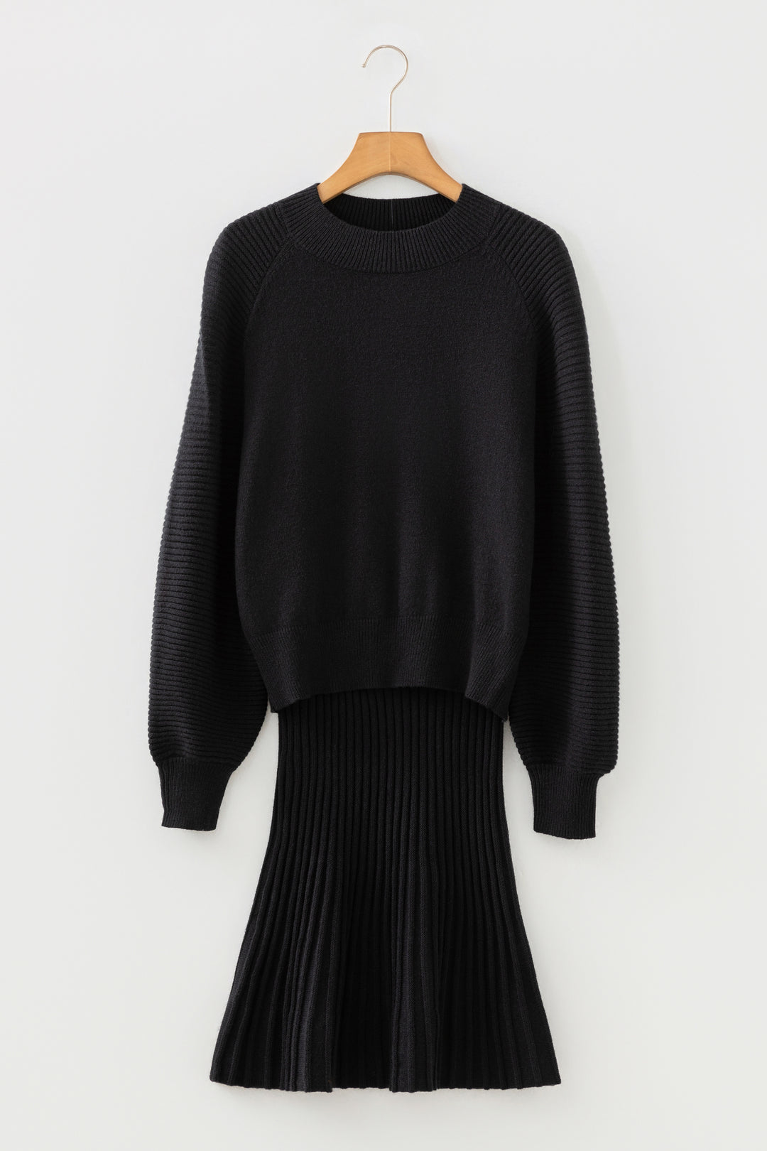 Black High Neck Sweater Pleated Mini Skirt 2pcs Knitted Outfit