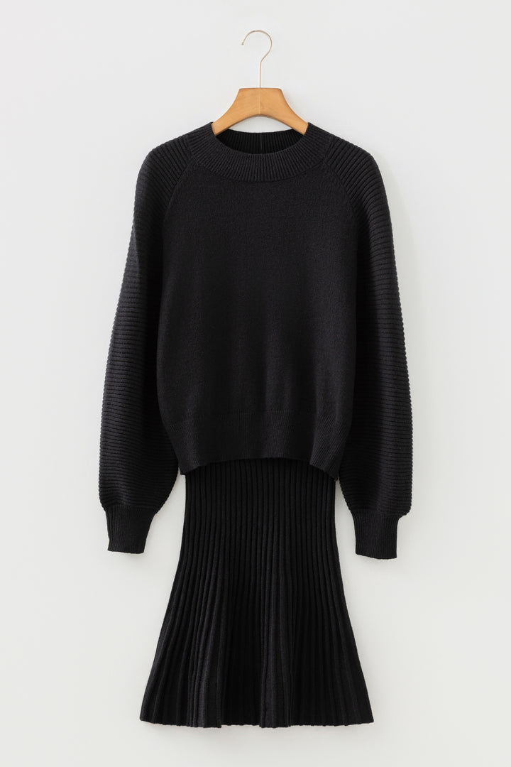 Black High Neck Sweater Pleated Mini Skirt 2pcs Knitted Outfit