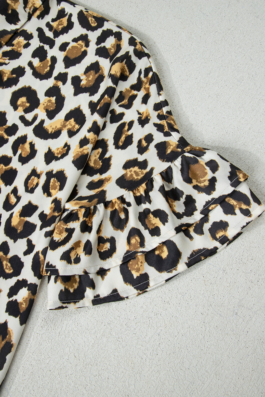 Leopard Print Ruffle Trim 3/4 Sleeve Loose Shirt