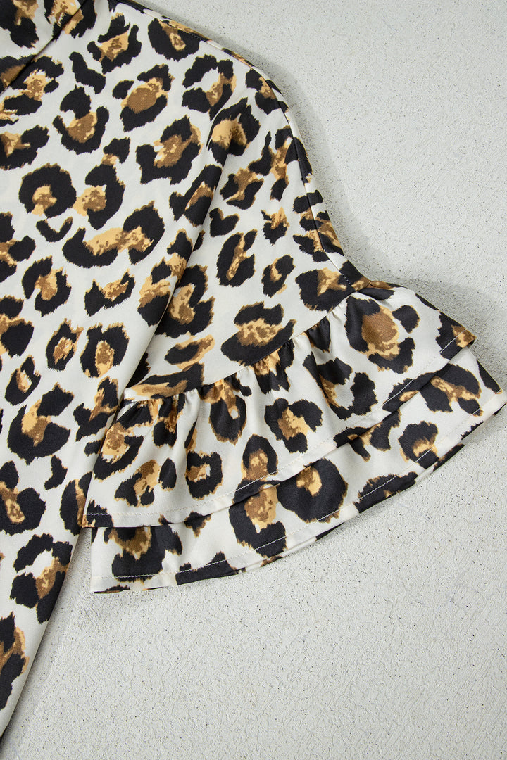 Leopard Print Ruffle Trim 3/4 Sleeve Loose Shirt