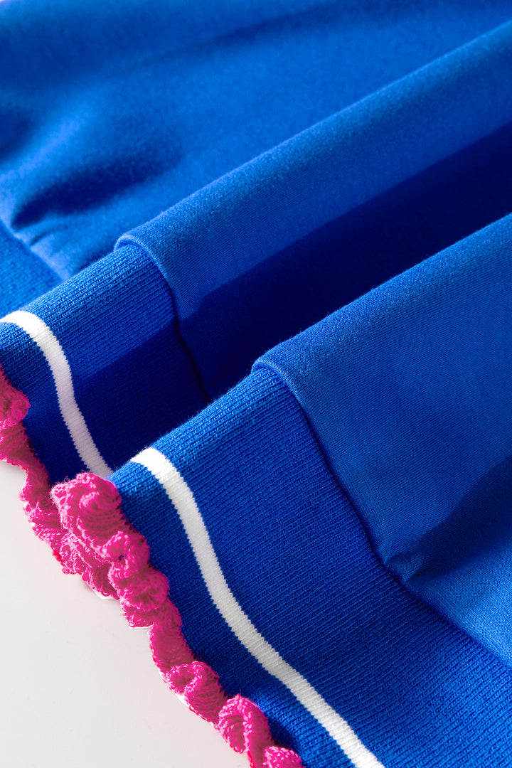 Contrast Frilled Trim Button Collared Short Sleeve Knit Top