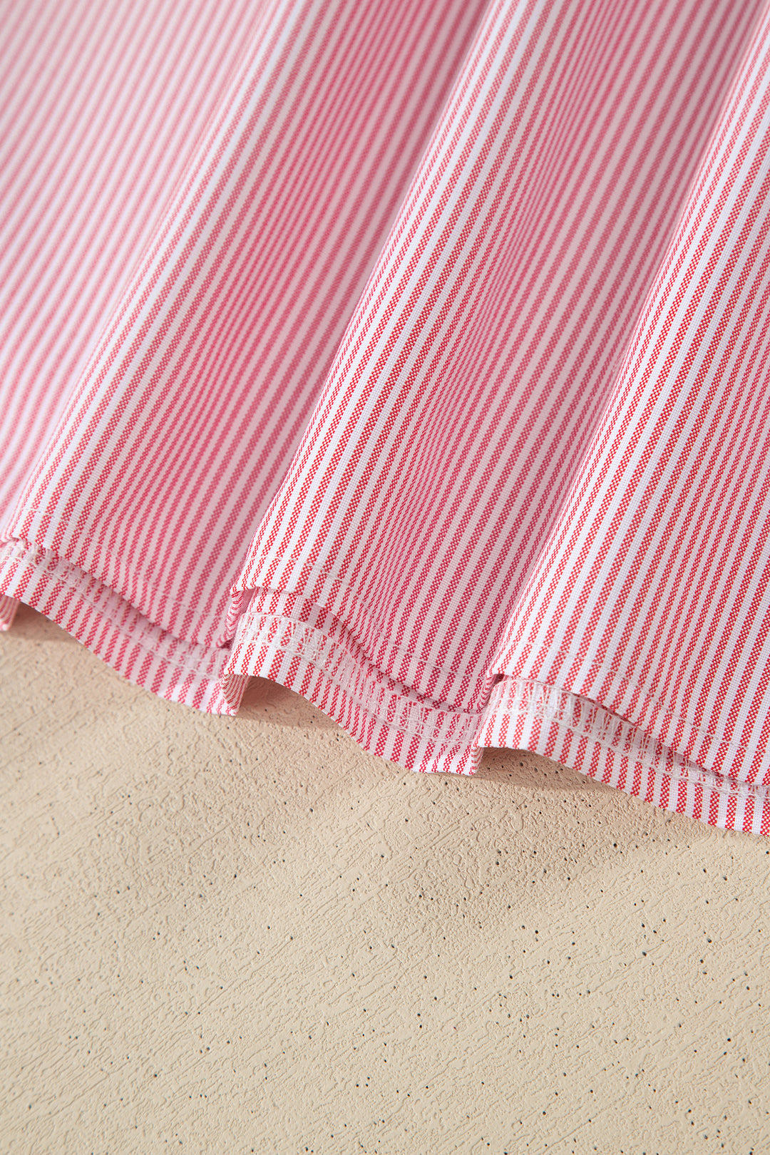 Red Stripe Frilly Split Neck Double Ruffled Short Sleeve Blouse