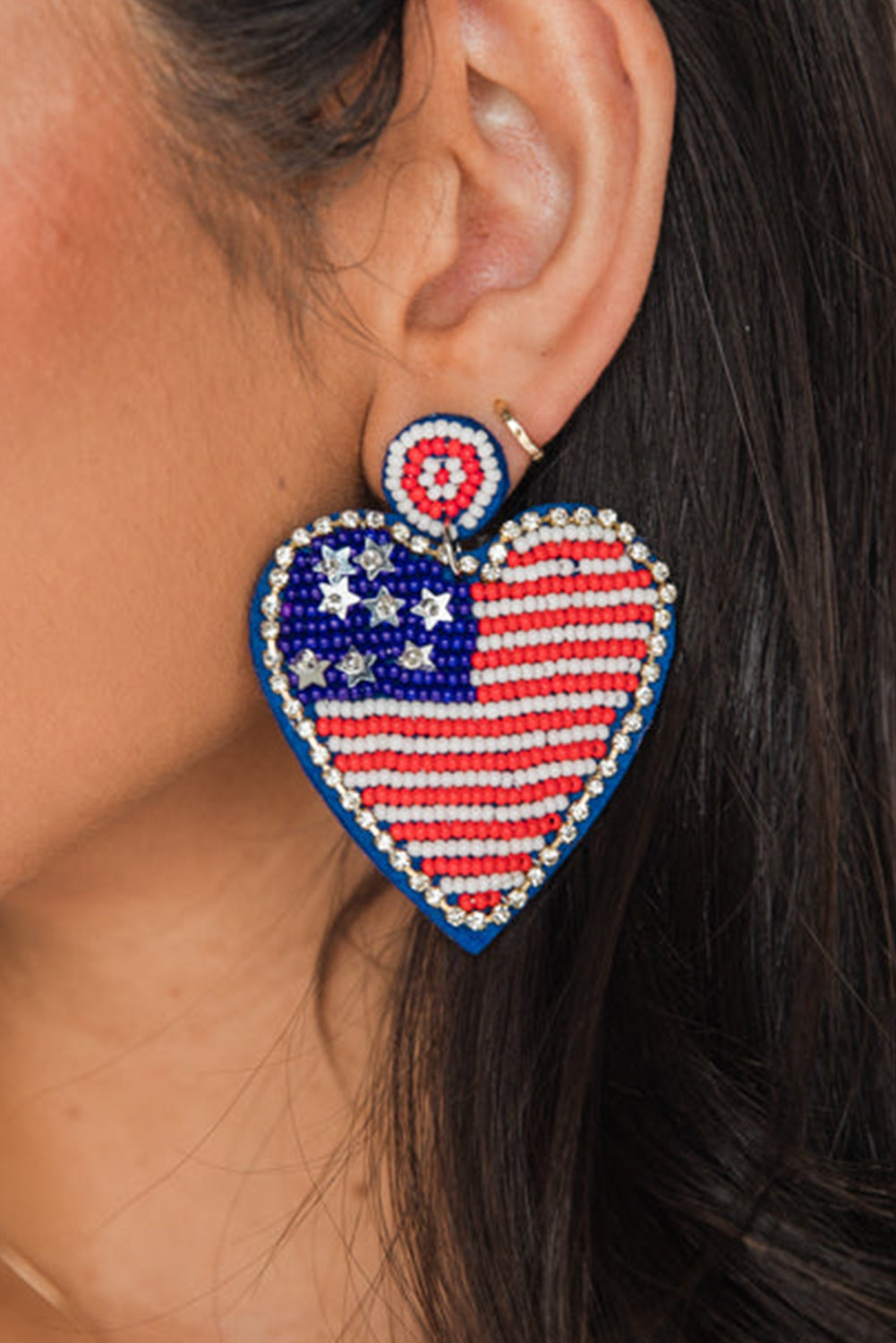 Rhinestone Beaded American Flag Heart Earrings
