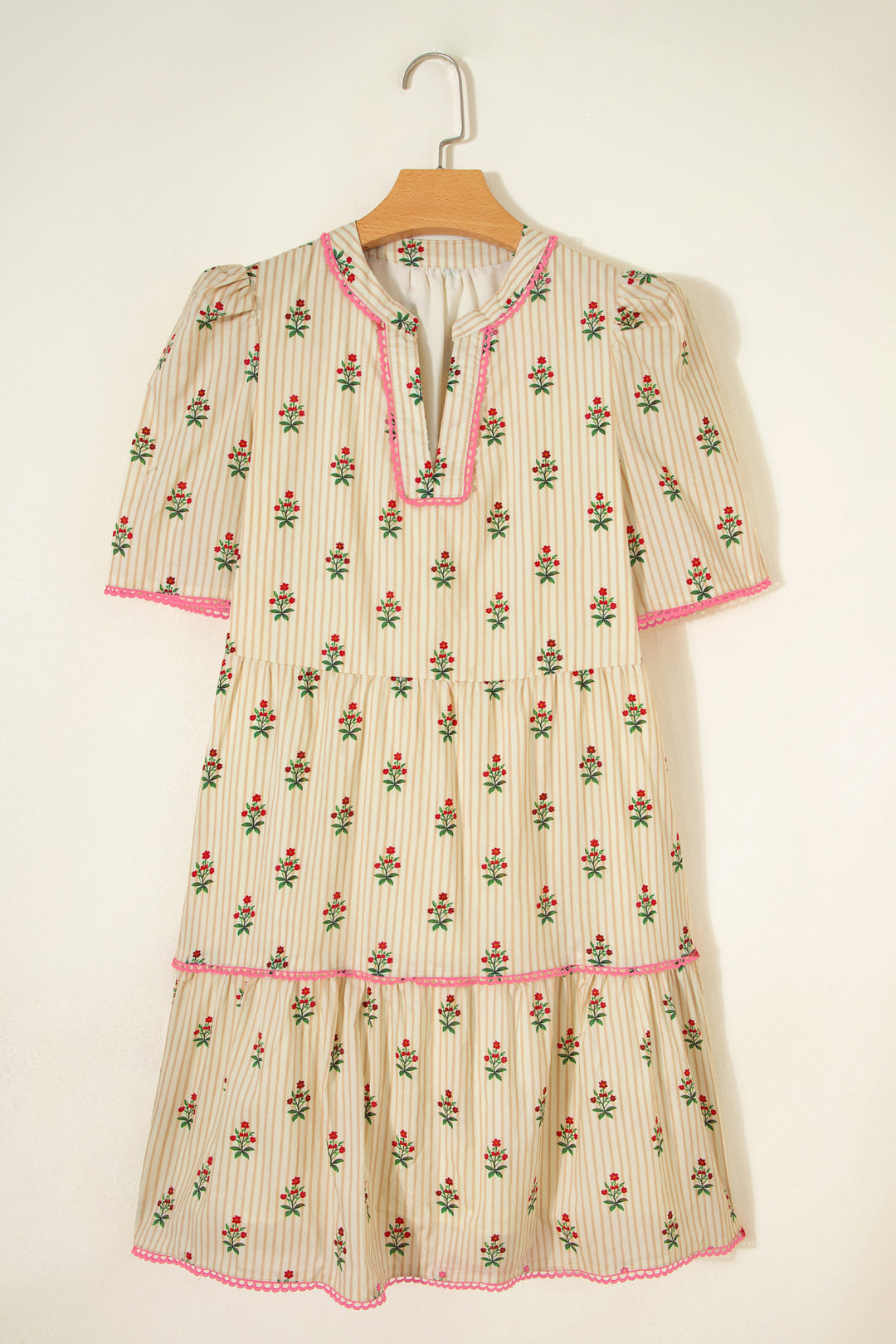 Apricot Striped Floral Print Contrast Detail Ruffle Hem Short Dress