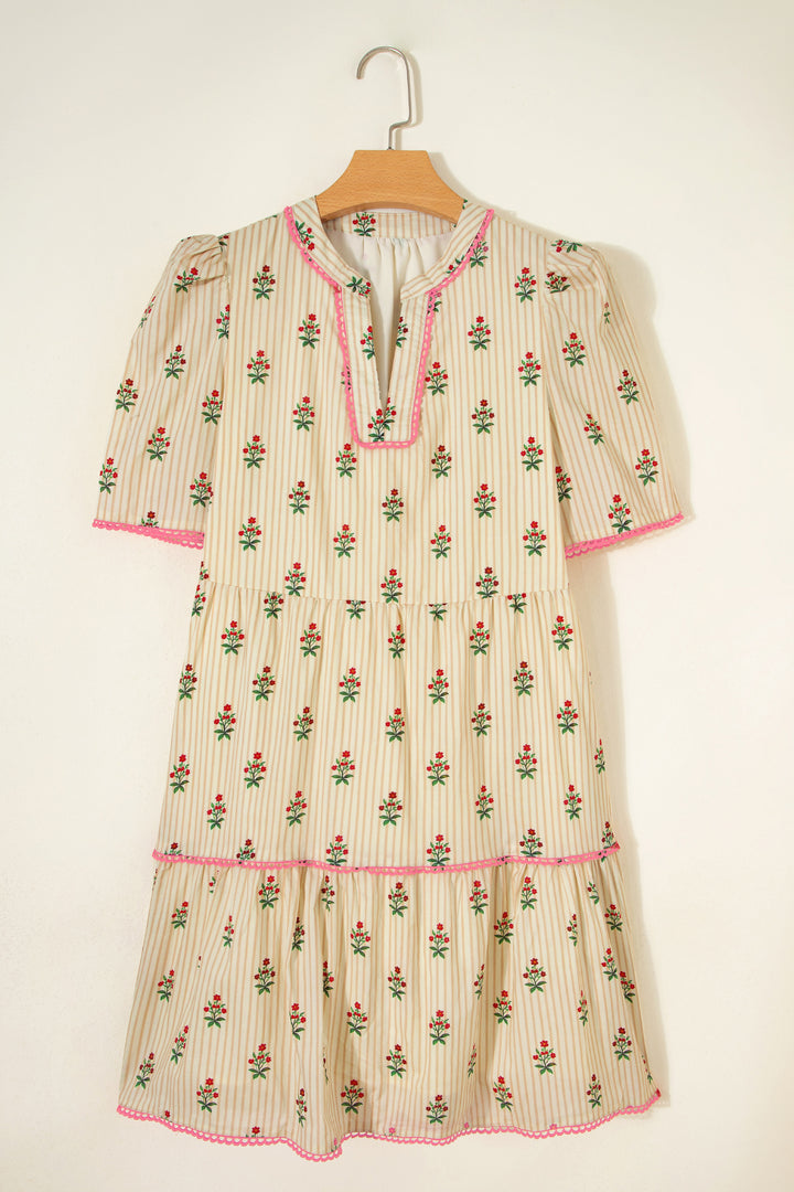 Apricot Striped Floral Print Contrast Detail Ruffle Hem Short Dress