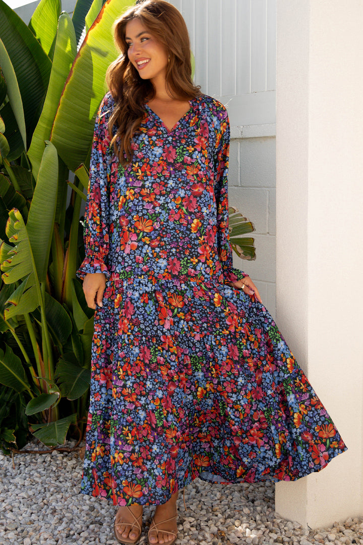 Floral Print Tassel Tie V Neck Long Sleeve Flowy Long Dress