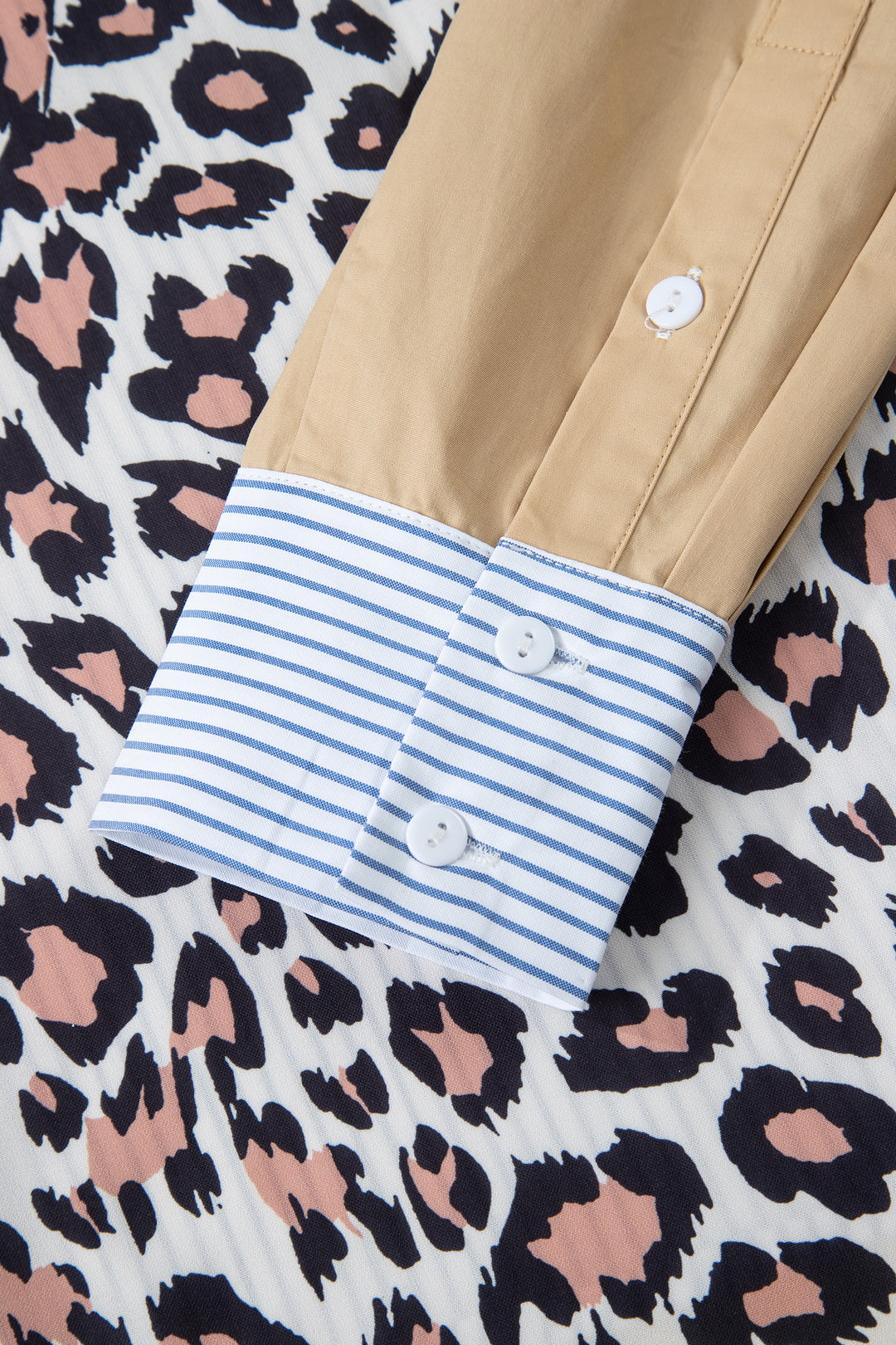Colorblock Leopard Patchwork Chest Pocket Cuffed Sleeve Shirt