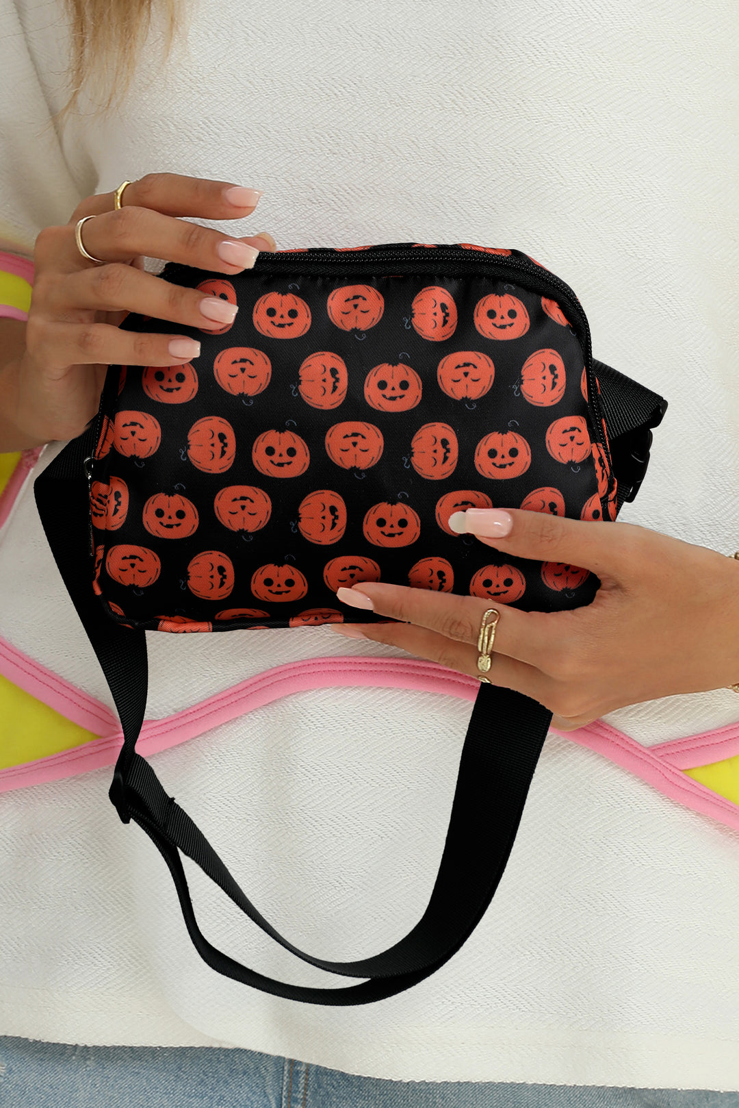 Halloween Pumpkin Print Buckle Strap Square Crossbody Bag