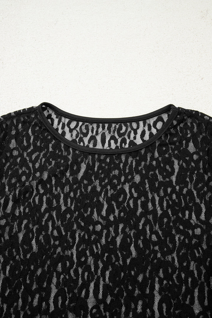 Leopard Pattern Sheer Mesh Long Sleeve Top