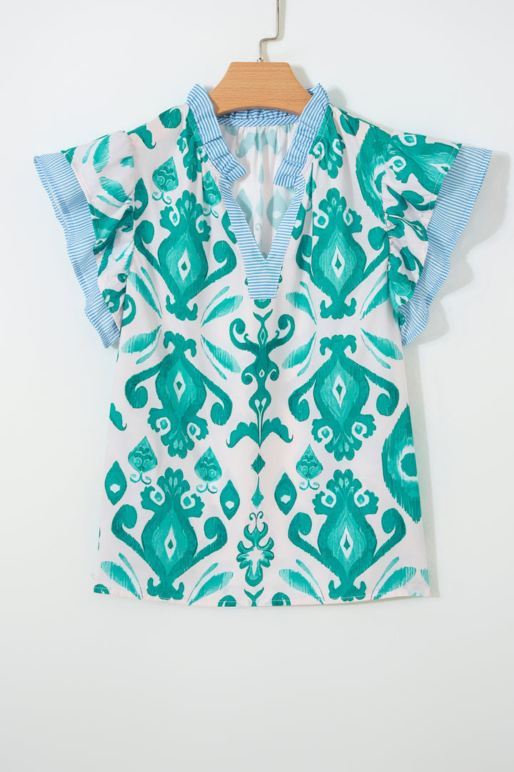 Ethnic Print Striped Trim Flutter Sleeve Top