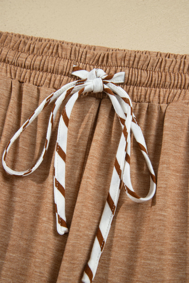 Khaki Stripe V Neck Ruffle Contrast Sleeve Top Drawstring Pants 2pcs Set