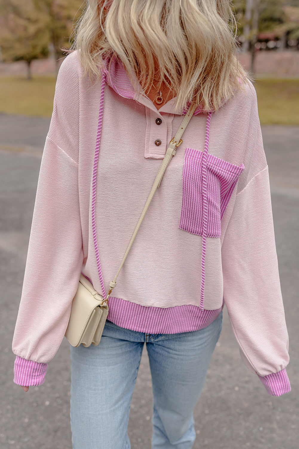 Corded Colorblock Patch Pocket Drawstring Hooded Top