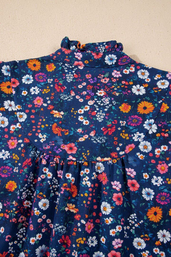 Wild Daisy Floral Split Neck Short Puff Sleeve Mini Dress