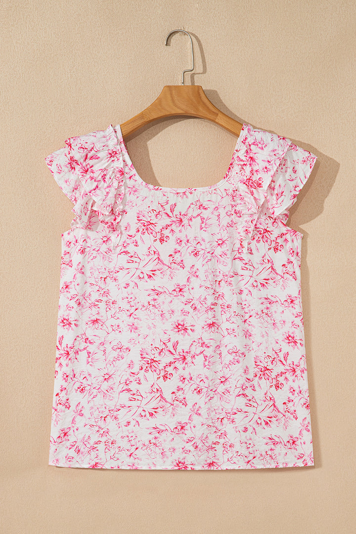 Bluse mit Blumenmuster, Rüschen, kurzen Ärmeln, Schleife hinten und quadratischem Ausschnitt