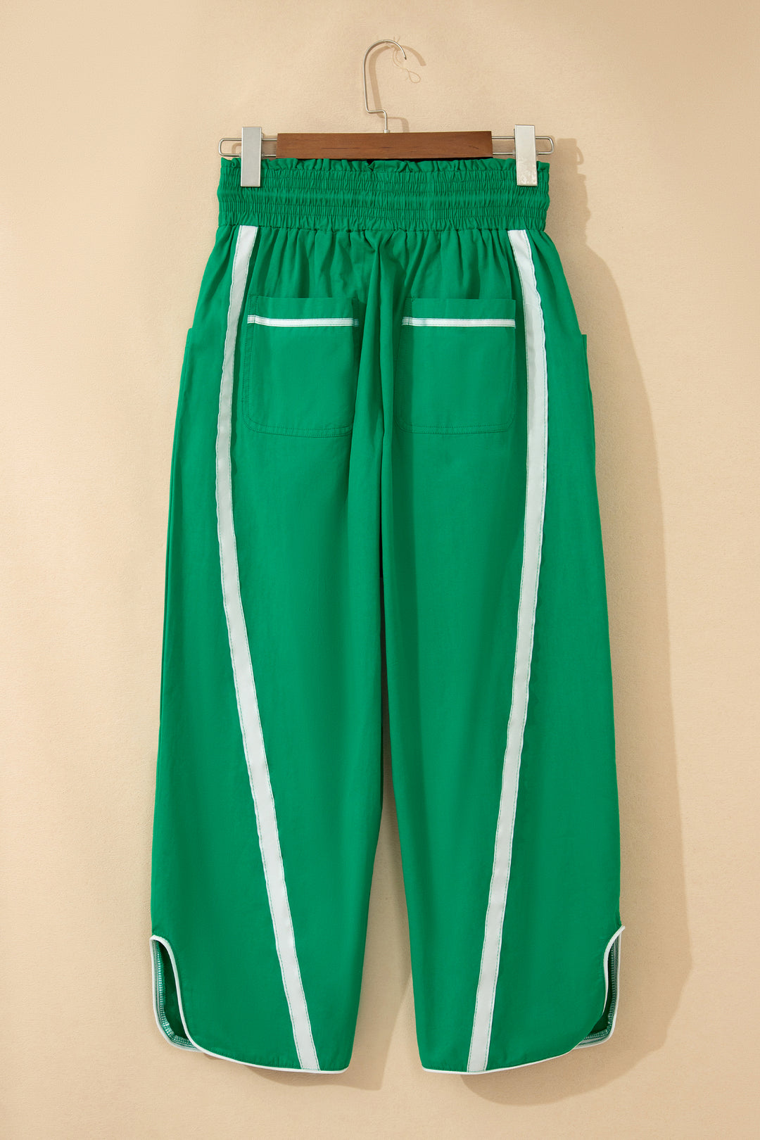 Bright Green Contrast Striped Smocked Waist Drawstring Cropped Casual Pants
